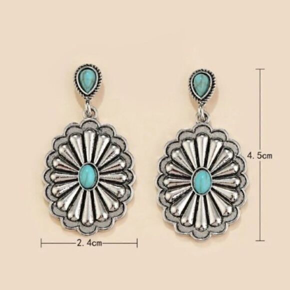 SILVER TURQUOISE SANTA FE STYLE CONCHO DANGLE EARRINGS - Picture 4 of 4